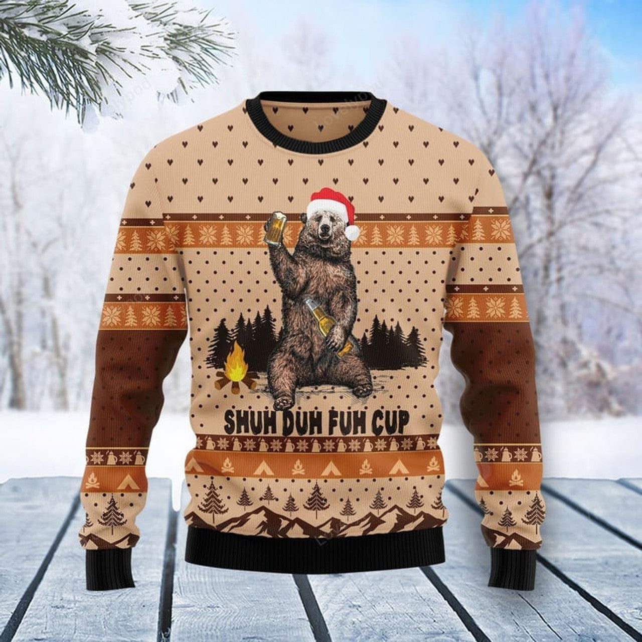 FUNSTUFFPRINT Bear Beer Campfire Fuh Cup Wool Ugly 3D Sweater for men and women Ugly Sweater