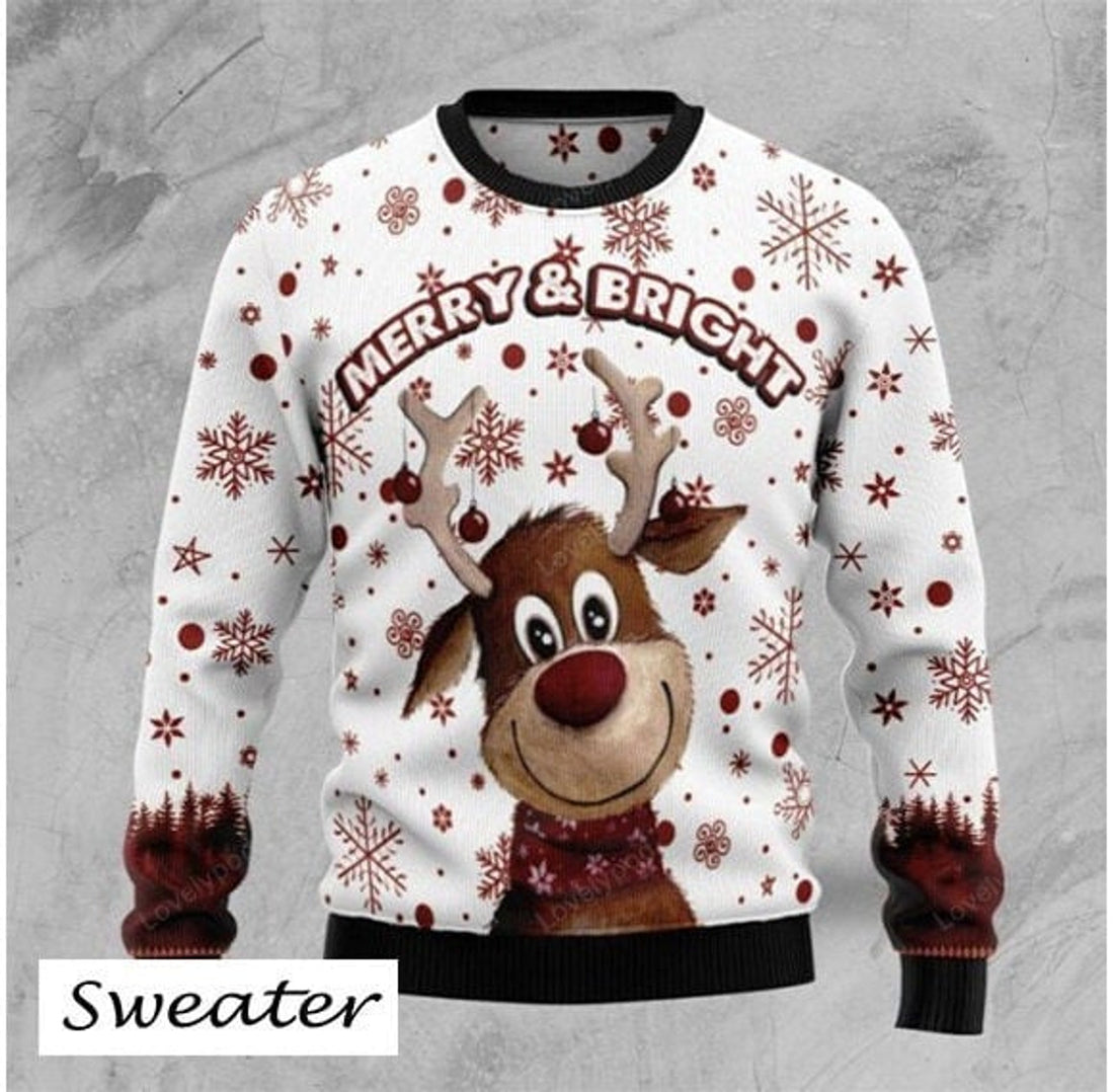 FUNSTUFFPRINT So Cute Little Reindeer Merry And Bright Gift For Christmas Ugly Christmas Sweater Ugly Sweater