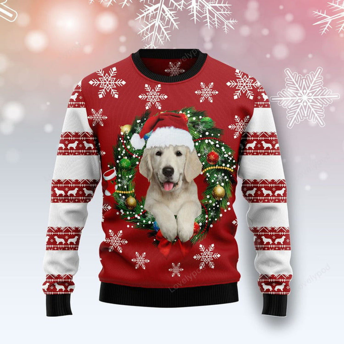 FUNSTUFFPRINT Golden Retriever Wearing Santaâ€˜s Hat Ugly Christmas Sweater For Men & Women Ugly Sweater
