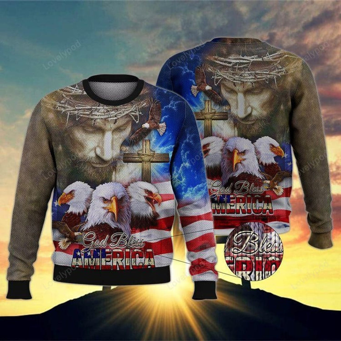 FUNSTUFFPRINT God Bless America Ugly Christmas Sweater For Men & Women Adult Ugly Sweater