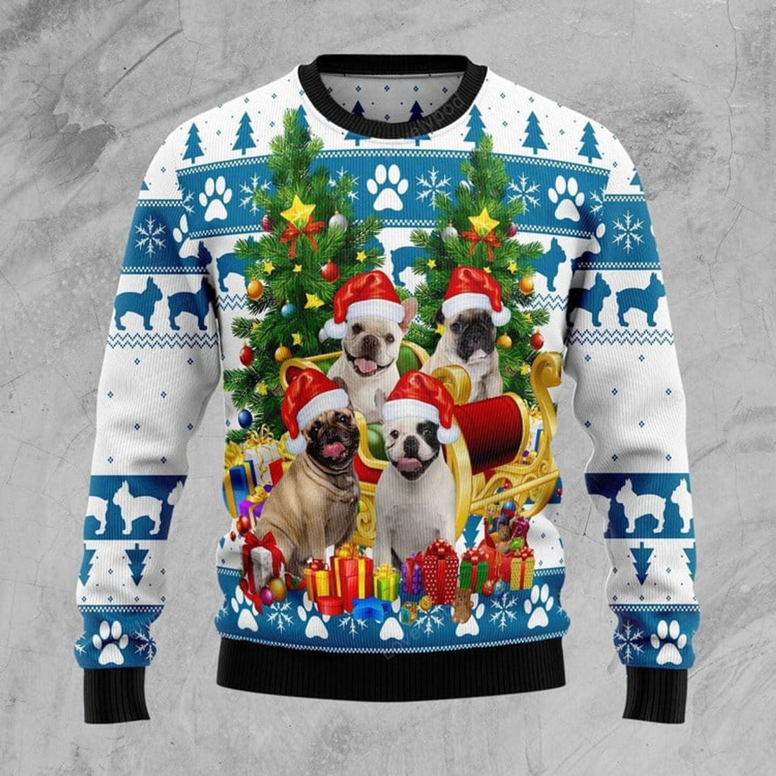FUNSTUFFPRINT French Bulldog Greeting Ugly Christmas Sweater For Men & Women Ugly Sweater