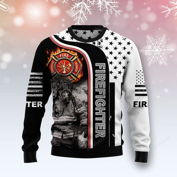 FUNSTUFFPRINT Firefighter Ugly Christmas Sweater For Men & Women | Adult Ugly Sweater