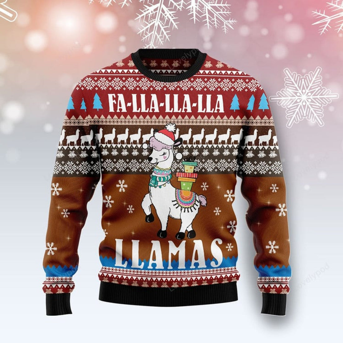 FUNSTUFFPRINT Fa Lla Lla Llamas Ugly Christmas Sweater For Men & Women Adult Ugly Sweater