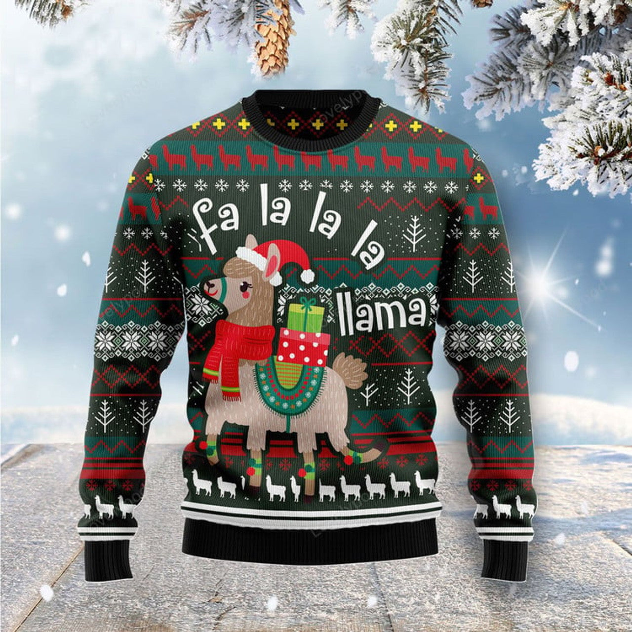 FUNSTUFFPRINT Fa Lla Lla Llamas Ugly Christmas Sweater For Men & Women Ugly Sweater