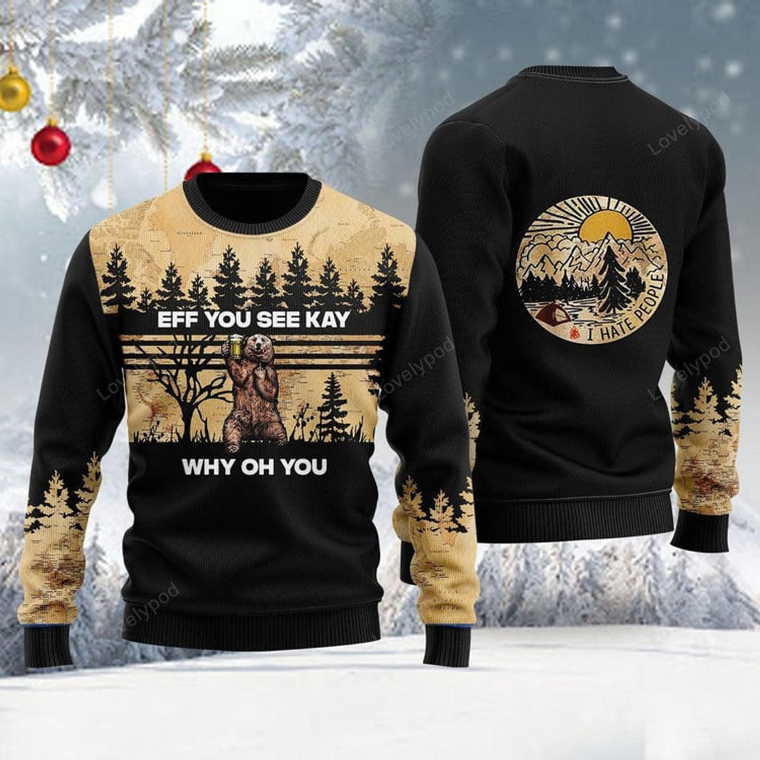 FUNSTUFFPRINT Eff Bear Beer You See Kay Why Oh You Ugly Christmas Sweater For Men & Women Ugly Sweater