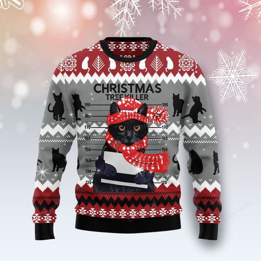FUNSTUFFPRINT Black Cat Tree Killer Ugly Christmas Sweater For Men & Women Adult Ugly Sweater