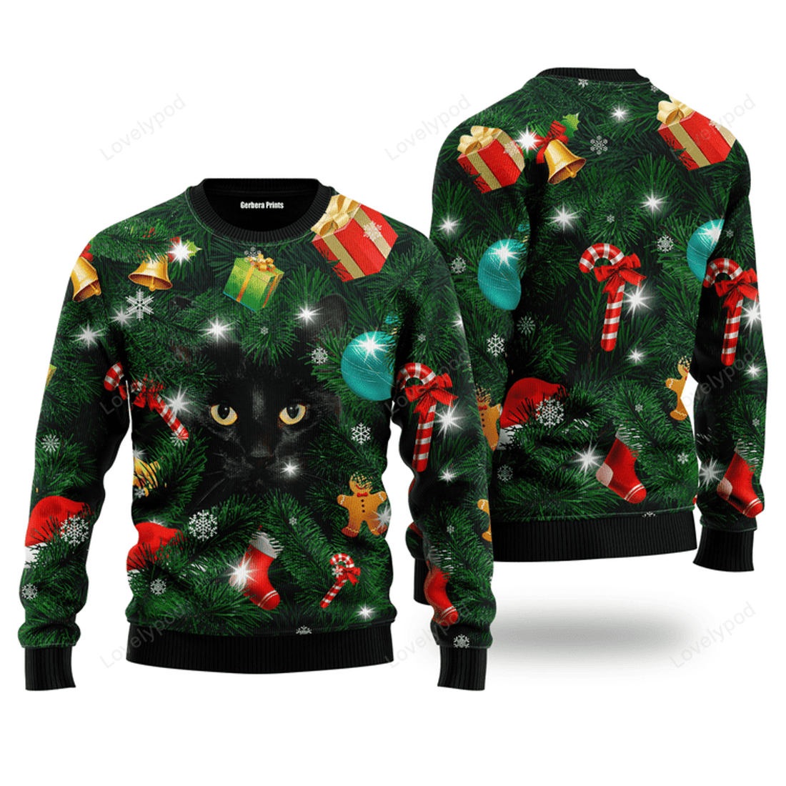 FUNSTUFFPRINT Black Cat Family Christmas Ugly Christmas Sweater For Men & Women Adult Ugly Sweater