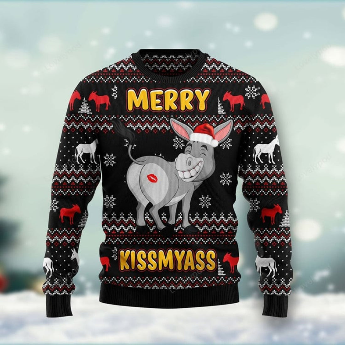 FUNSTUFFPRINT Donkeys Merry Kissmyass Ugly Christmas Sweater For Men & Women Adult Ugly Sweater