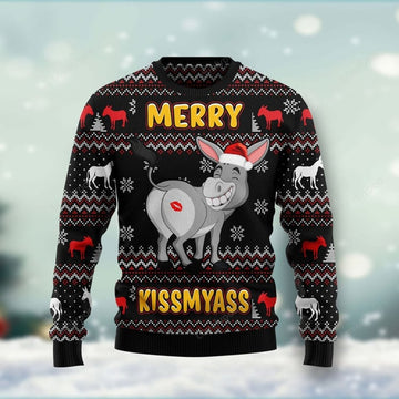 FUNSTUFFPRINT Donkeys Merry Kissmyass Ugly Christmas Sweater For Men & Women Adult Ugly Sweater