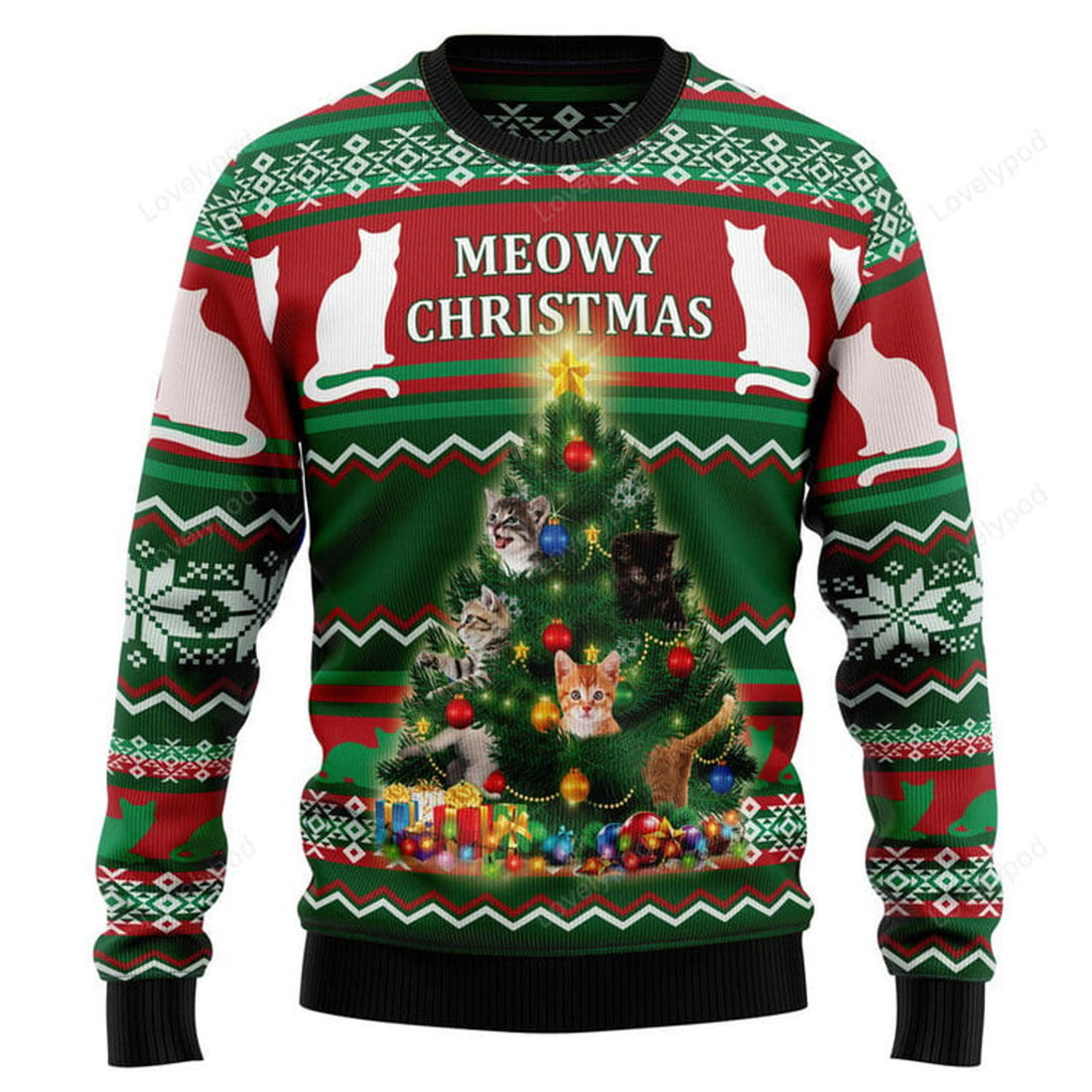 FUNSTUFFPRINT Cat Meowy Christmas Ugly Christmas Sweater Ugly Sweater