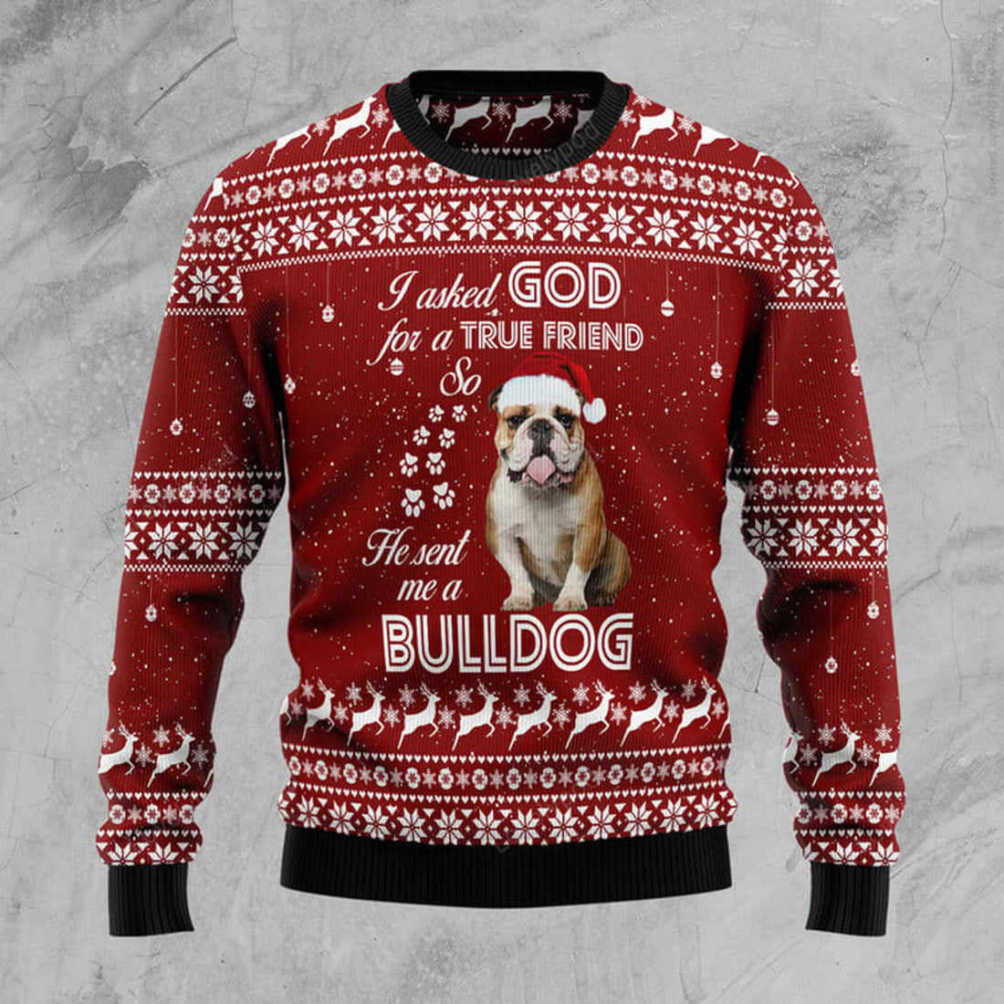 FUNSTUFFPRINT Bulldog True Friend Ugly Christmas Sweater, Christmas gift for Dog lover Ugly Sweater