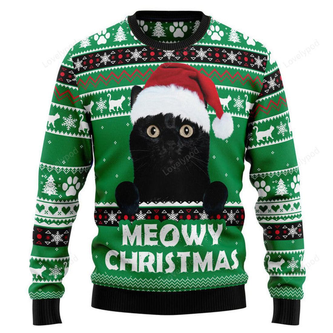 FUNSTUFFPRINT Meowy Black Cat Ugly Christmas Sweater, Black cat sweatshirt, Christmas gift Ugly Sweater