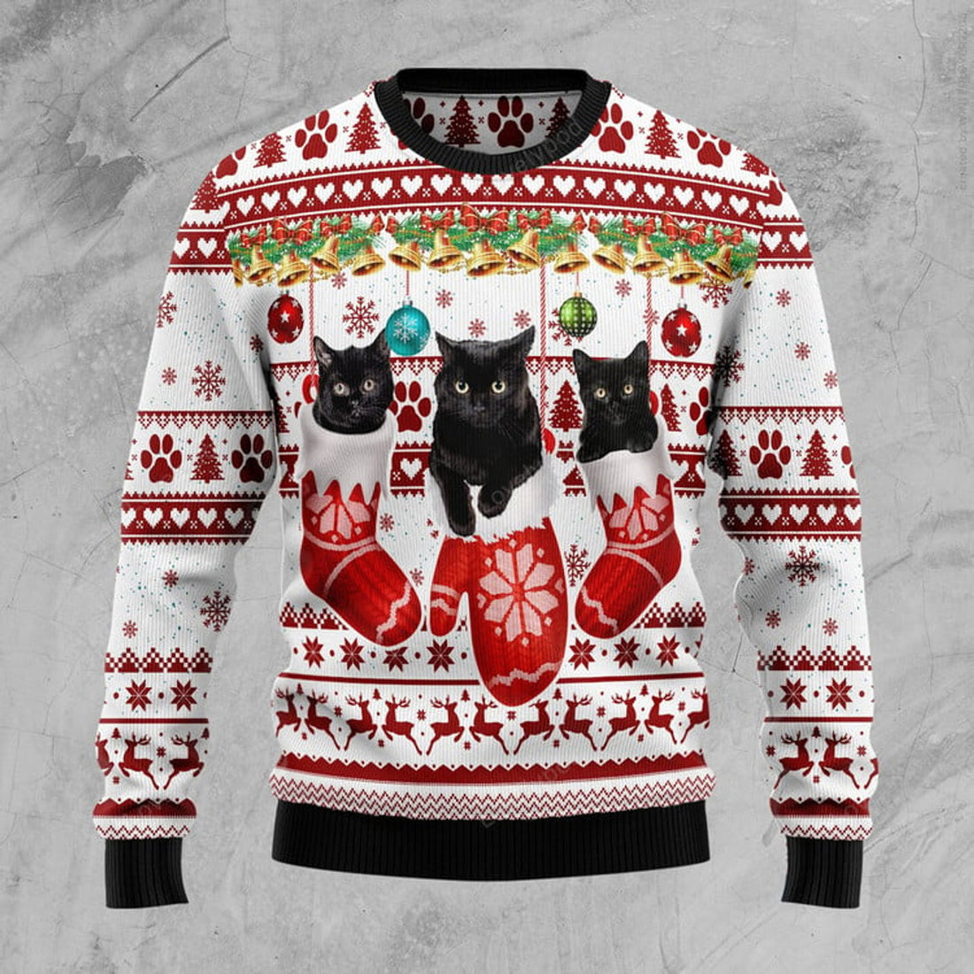 FUNSTUFFPRINT Black Cat Gloves Ugly Christmas Sweater for men and women, Christmas gift for Family Ugly Sweater