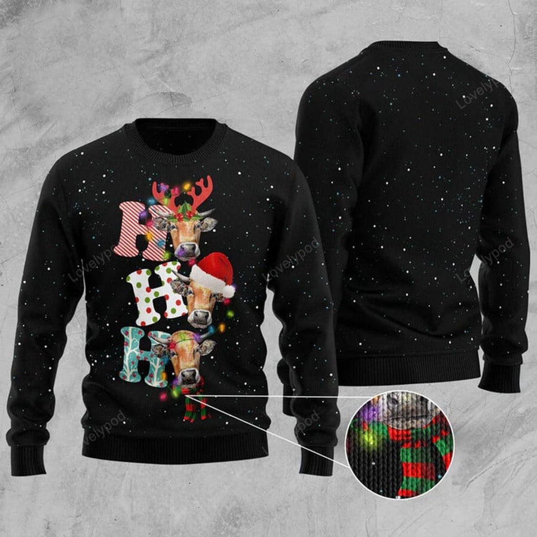 FUNSTUFFPRINT Cow Ho Ho Ho Ugly Christmas Sweater, Christmas ugly sweater for men and women Ugly Sweater