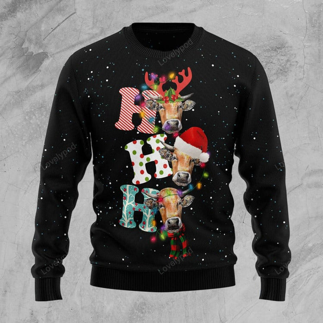 FUNSTUFFPRINT Cow Ho Ho Ho Ugly Christmas Sweater, Christmas ugly sweater for men and women Ugly Sweater