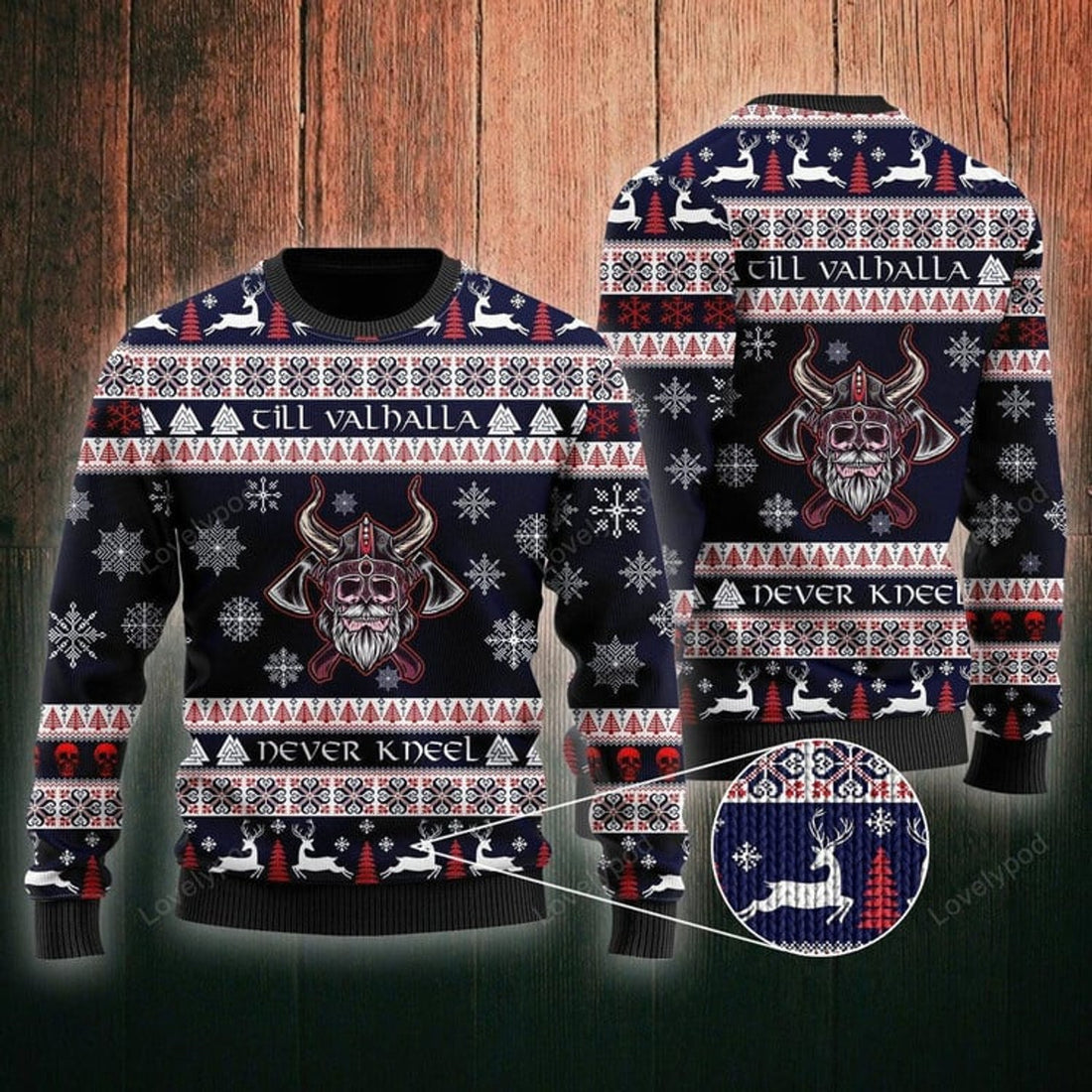 FUNSTUFFPRINT Till Valhalla Never Kneel Ugly Christmas Sweater For Men & Women Ugly Sweater
