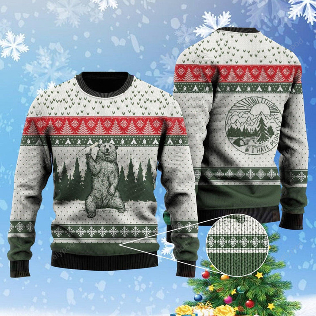 FUNSTUFFPRINT Bear I Hate People Ugly Christmas Sweater For Men & Women Ugly Sweater