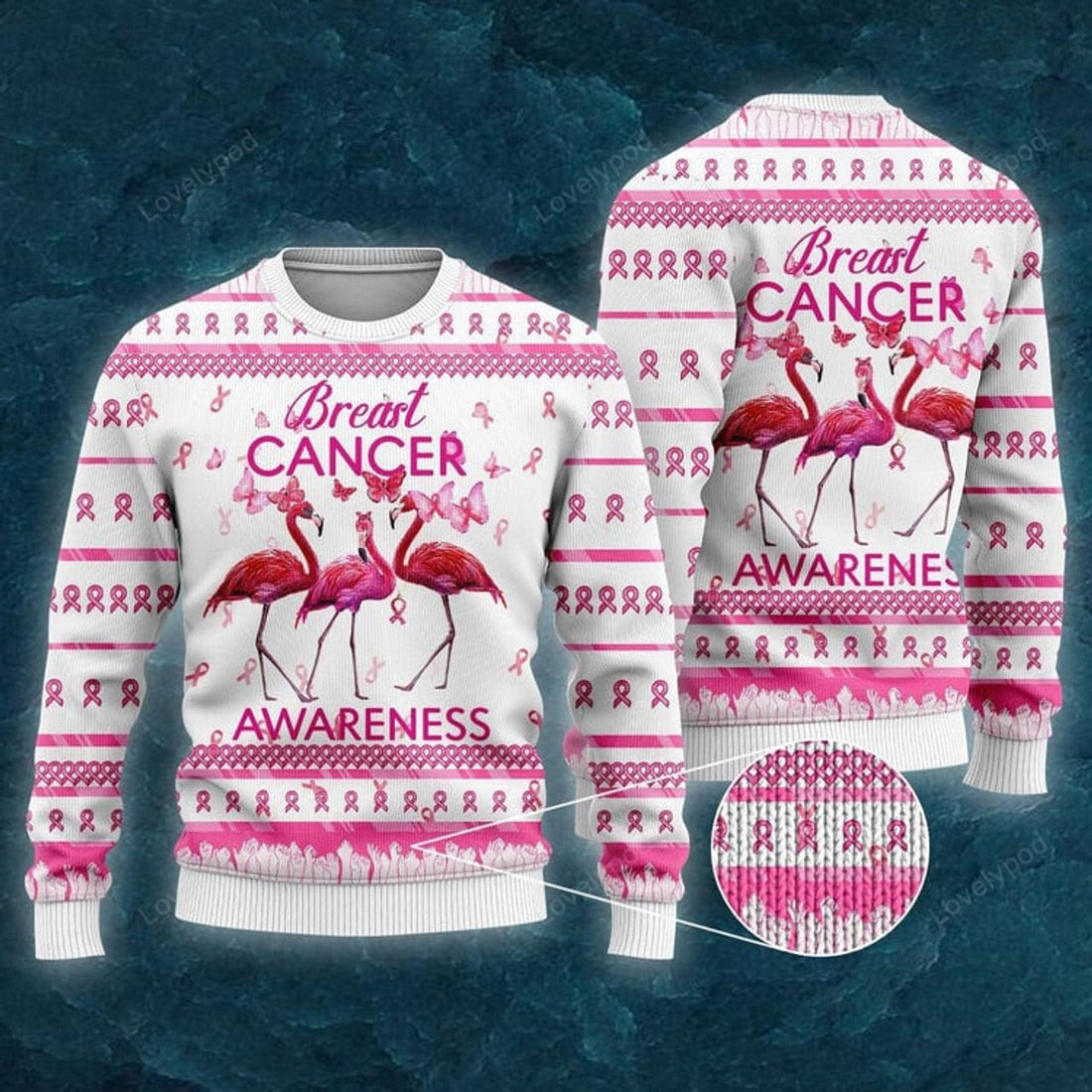 FUNSTUFFPRINT Flamingo Breast Cancer Awareness Ugly Christmas Sweater For Men & Women Ugly Sweater