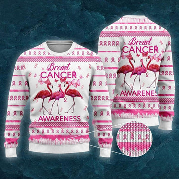 FUNSTUFFPRINT Flamingo Breast Cancer Awareness Ugly Christmas Sweater For Men & Women Ugly Sweater