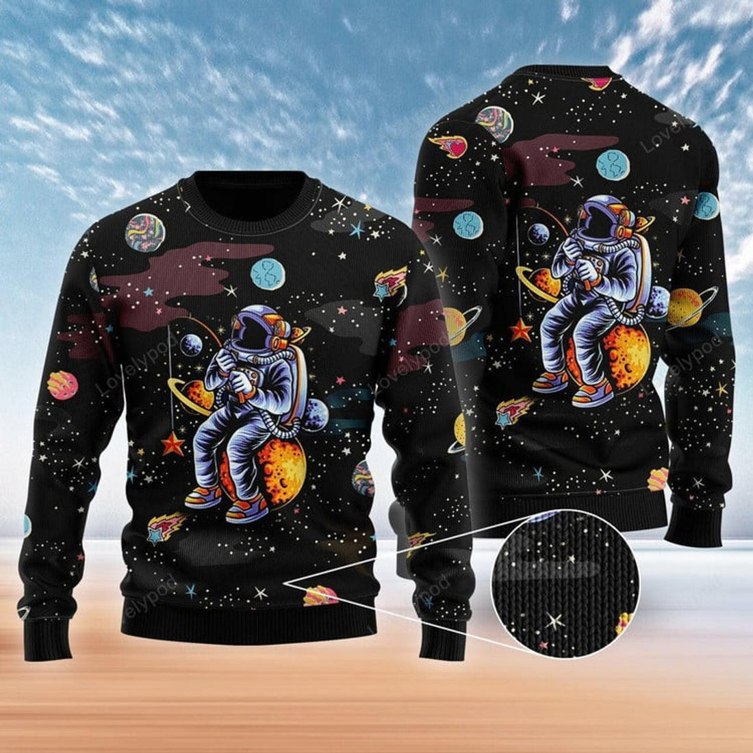 FUNSTUFFPRINT Funny Astronaut Fishing In Space Ugly Christmas Sweater For Men & Women Ugly Sweater