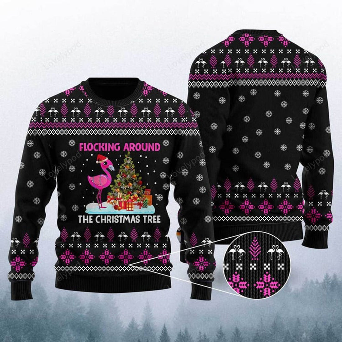 FUNSTUFFPRINT Funny Flamingo Flocking Around The Christmas Tree Ugly Christmas Sweater For Men & Women Ugly Sweater