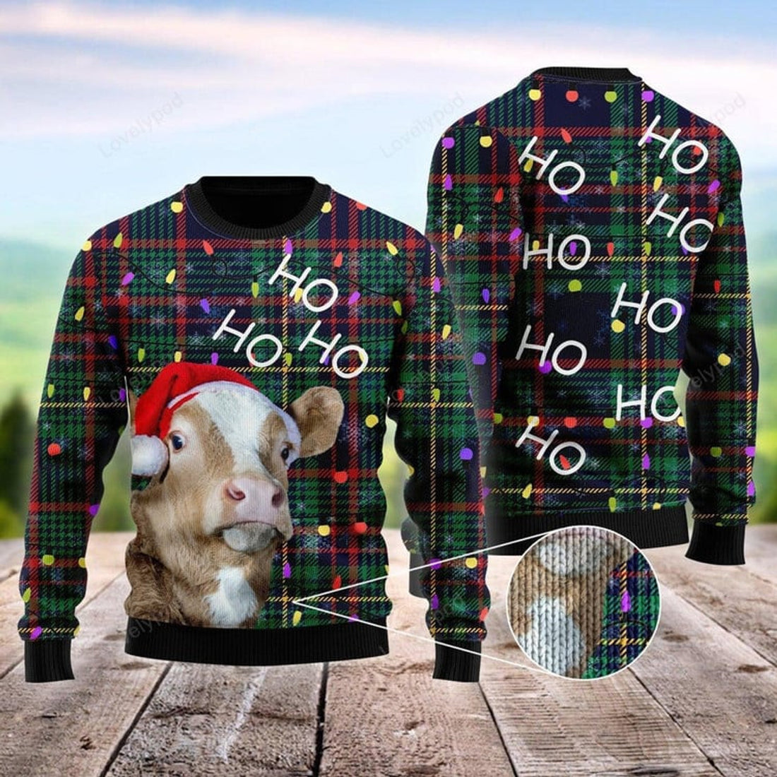 FUNSTUFFPRINT Ho Ho Ho Cow Christmas Tree Ugly Christmas Sweater For Men & Women Ugly Sweater