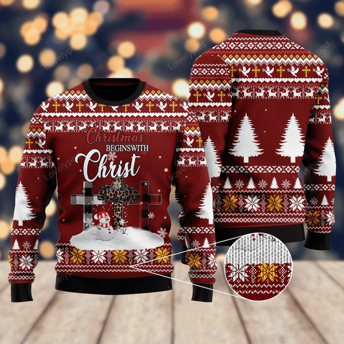 FUNSTUFFPRINT Christian beginswith christ ugly Christmas Sweater For Men & Women Adult Ugly Sweater