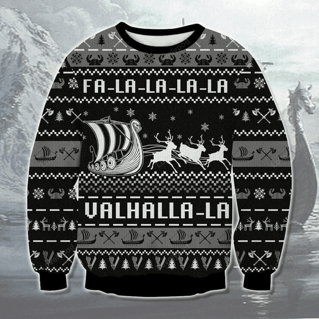 FUNSTUFFPRINT Valhalla Boat Ugly Christmas Sweater For Men & Women Ugly Sweater