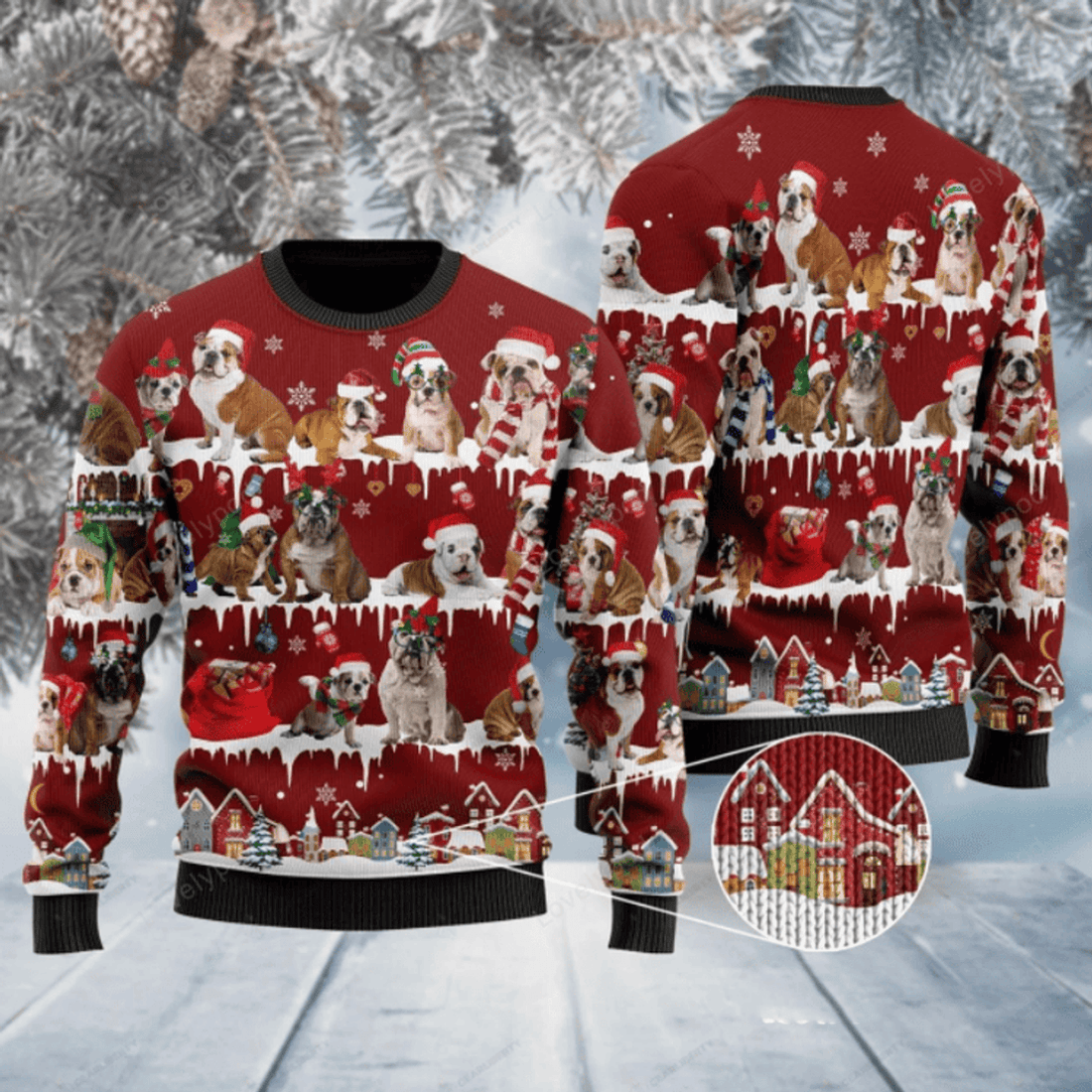 FUNSTUFFPRINT English Bulldog Ugly Christmas Sweater For Men & Women Ugly Sweater
