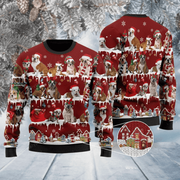 FUNSTUFFPRINT English Bulldog Ugly Christmas Sweater For Men & Women Ugly Sweater