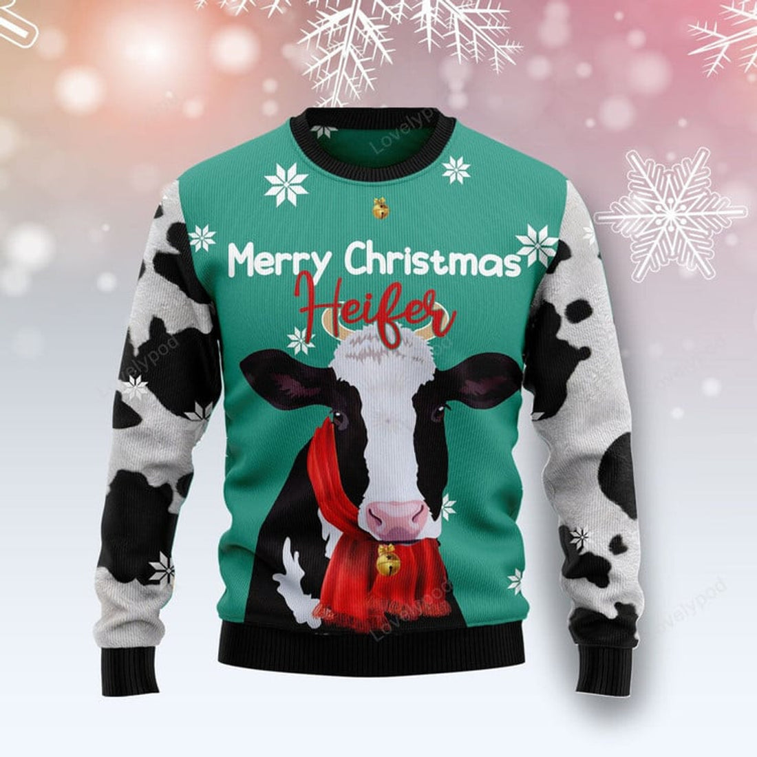 FUNSTUFFPRINT Merry christmas heifer Cow Ugly Christmas Sweater For Men & Women Adult Ugly Sweater