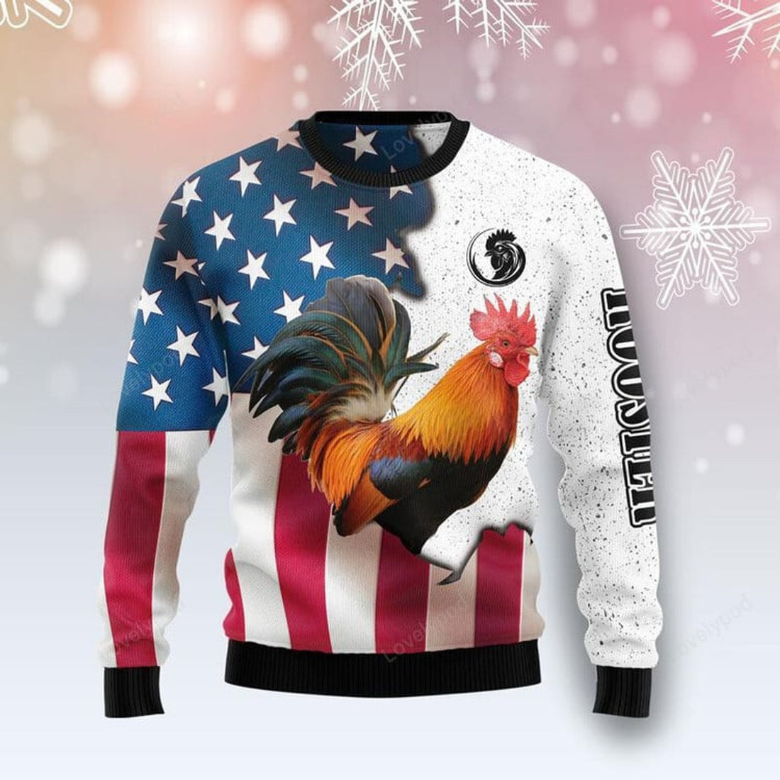 FUNSTUFFPRINT Rooster American flag Ugly Christmas Sweater For Men & Women Adult, Christmas gift Ugly Sweater