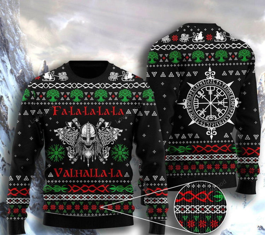 FUNSTUFFPRINT Valhalla Viking Ugly Christmas Sweater For Men & Women Ugly Sweater