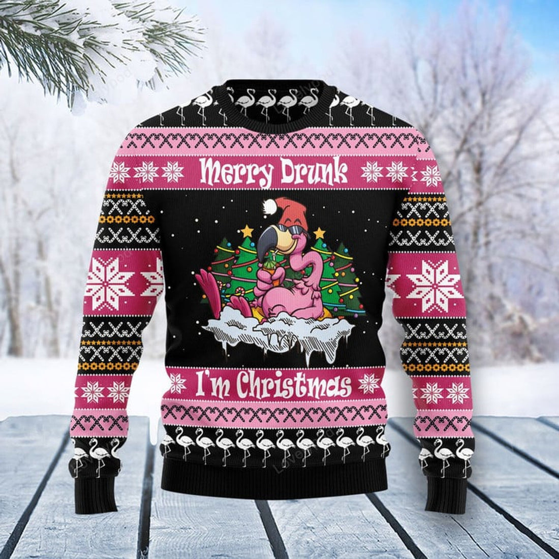 FUNSTUFFPRINT Flamingo Drunk Ugly Christmas Sweater For Men & Women Ugly Sweater