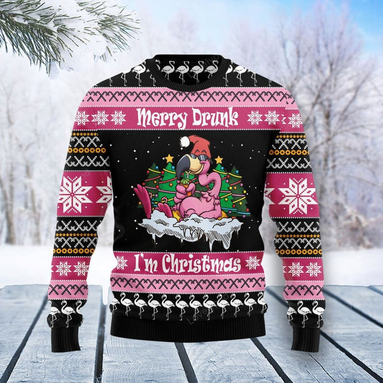 FUNSTUFFPRINT Flamingo Drunk Ugly Christmas Sweater For Men & Women Ugly Sweater