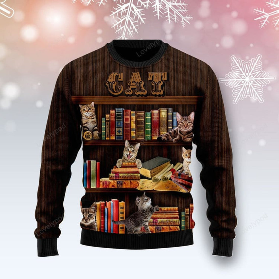 FUNSTUFFPRINT Cat Bookcase Ugly Christmas Sweater For Men & Women Adult Ugly Sweater