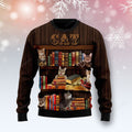 FUNSTUFFPRINT Cat Bookcase Ugly Christmas Sweater For Men & Women Adult Ugly Sweater