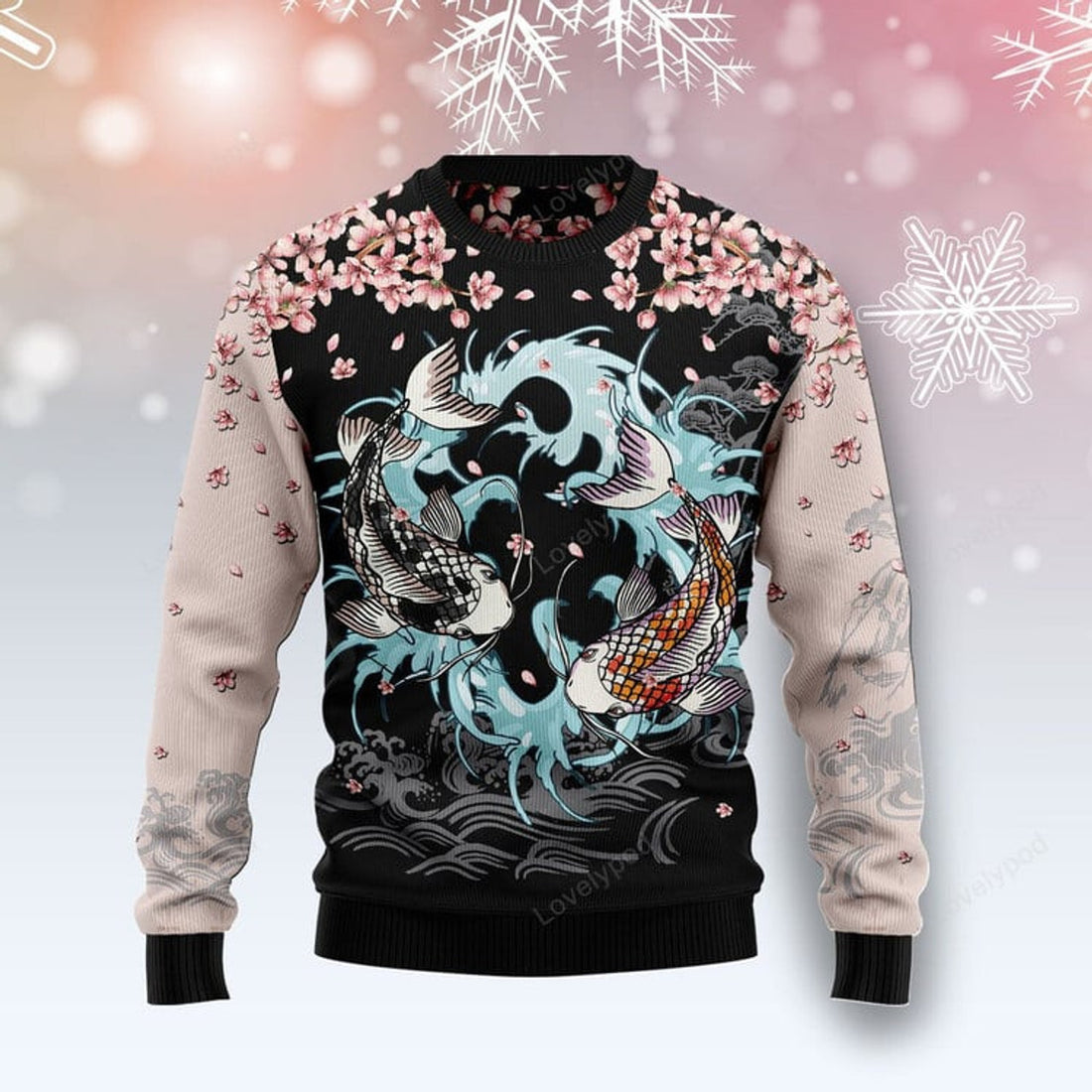 FUNSTUFFPRINT Koi Blossom Ugly Christmas Sweater For Men & Women Adult Ugly Sweater