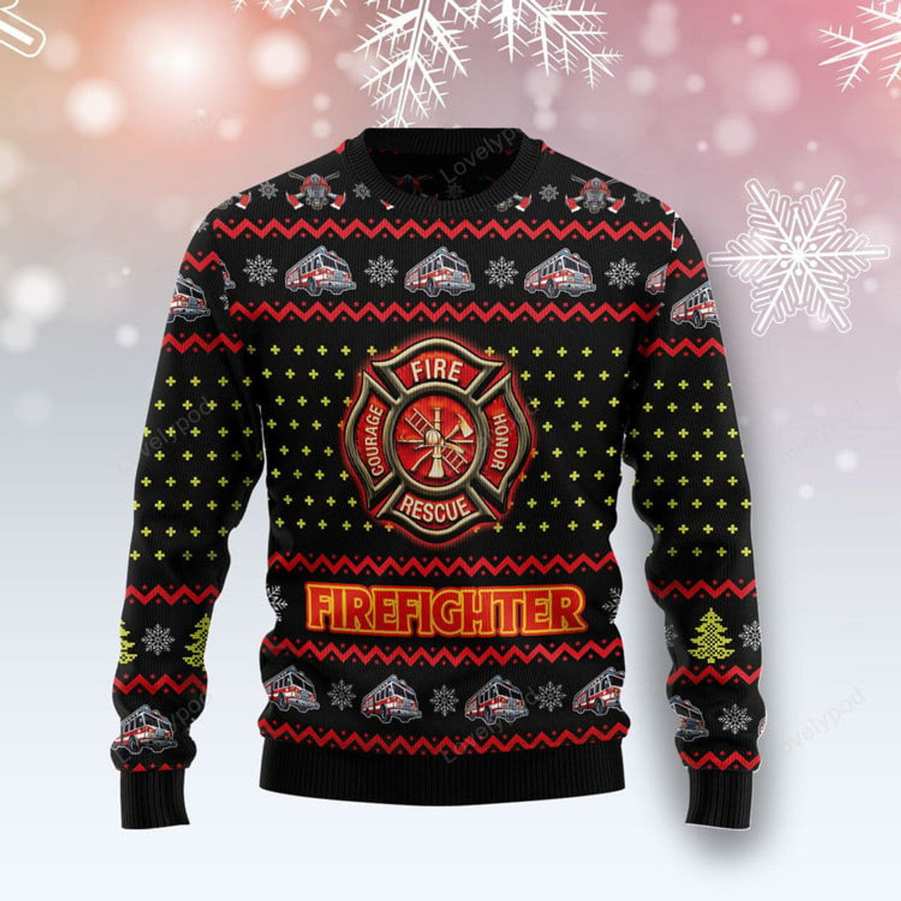 FUNSTUFFPRINT Firefighter Lover Ugly Christmas Sweater, Christmas gift for Firefighter Ugly Sweater