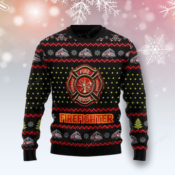 FUNSTUFFPRINT Firefighter Lover Ugly Christmas Sweater, Christmas gift for Firefighter Ugly Sweater