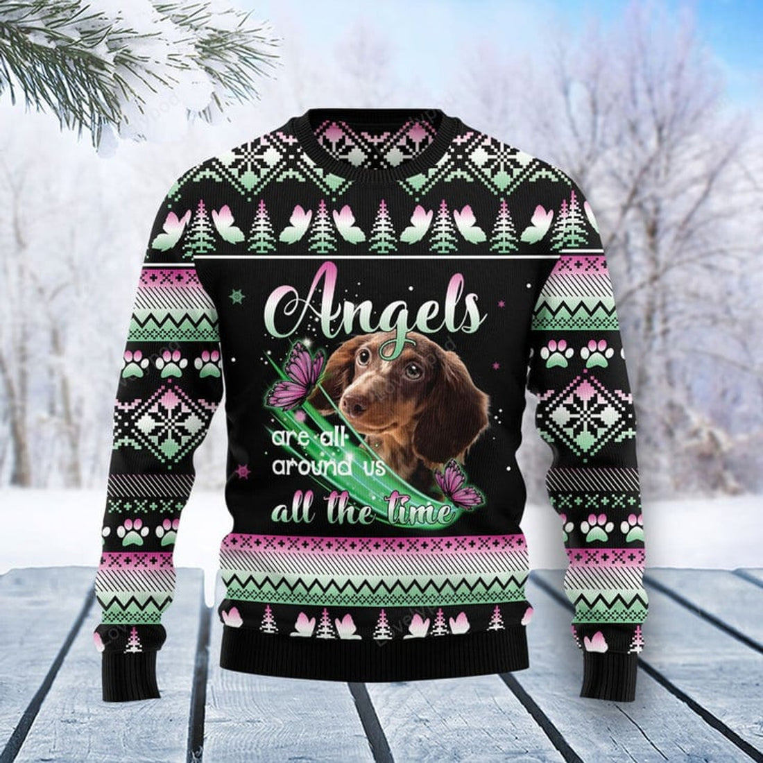 FUNSTUFFPRINT Dachshund Angel Ugly Christmas Sweater For Men & Women, Christmas gift for dog lover Ugly Sweater