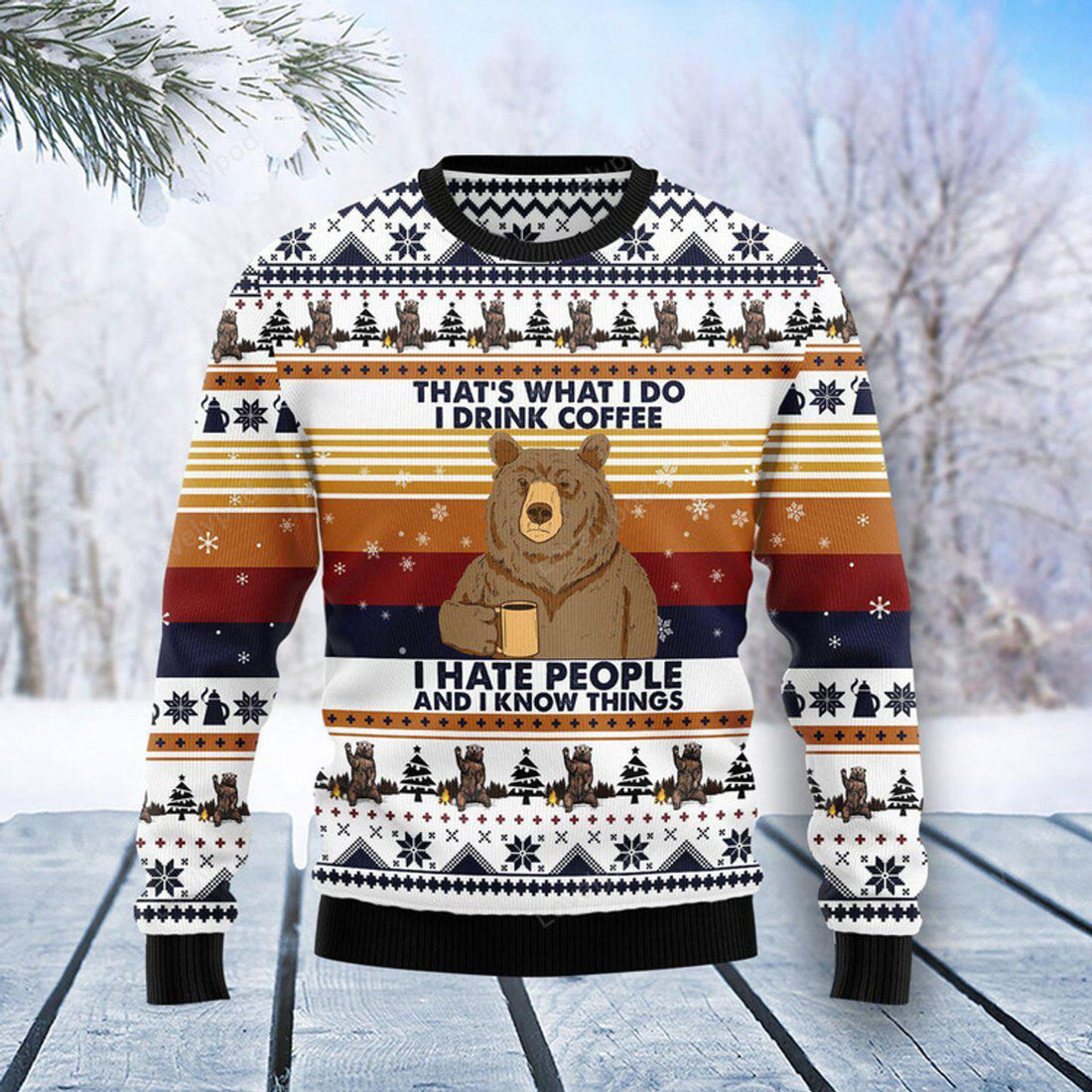 FUNSTUFFPRINT Bear Coffee Ugly Christmas Sweater For Men & Women Adult Ugly Sweater