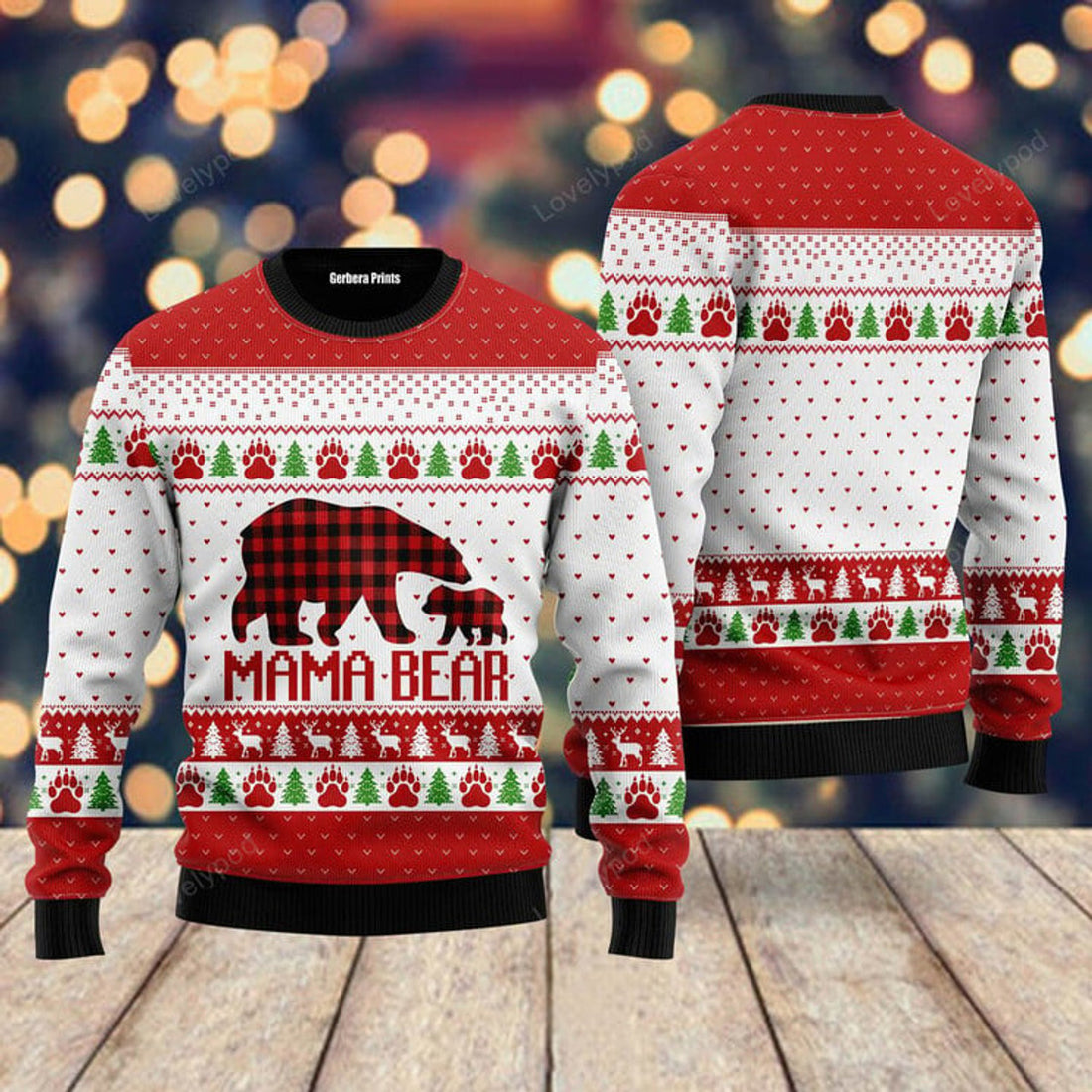 FUNSTUFFPRINT Mama Bear Ugly Christmas Sweater, Christmas gift for Mom, Mama, Grandma Ugly Sweater
