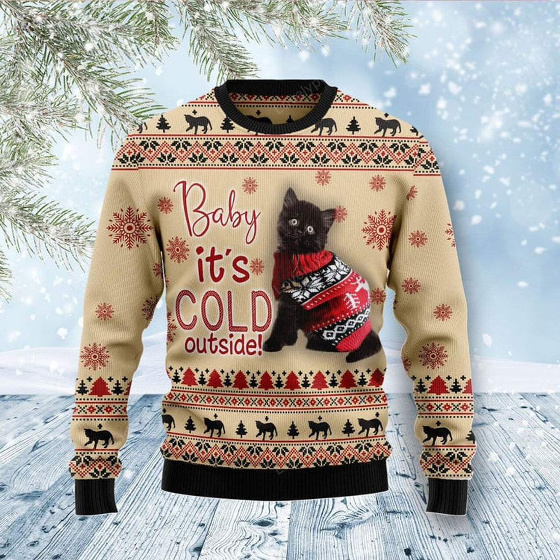 FUNSTUFFPRINT Black Cat Baby Ugly Christmas Sweater, Christmas gift for cat lover Ugly Sweater