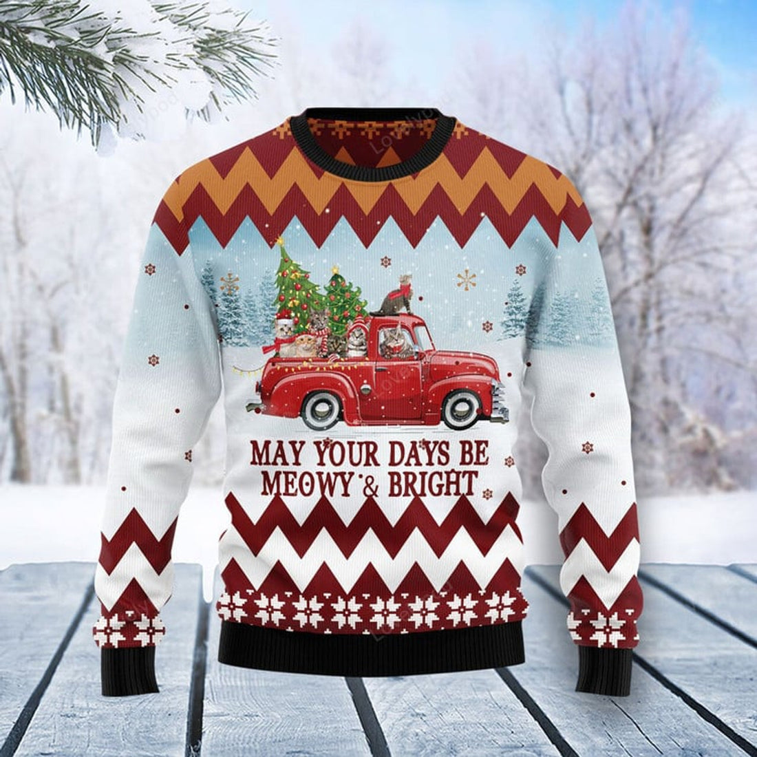 FUNSTUFFPRINT Cat Red Truck Ugly Christmas Sweater For Men & Women Adult, Christmas gift for cat lover Ugly Sweater
