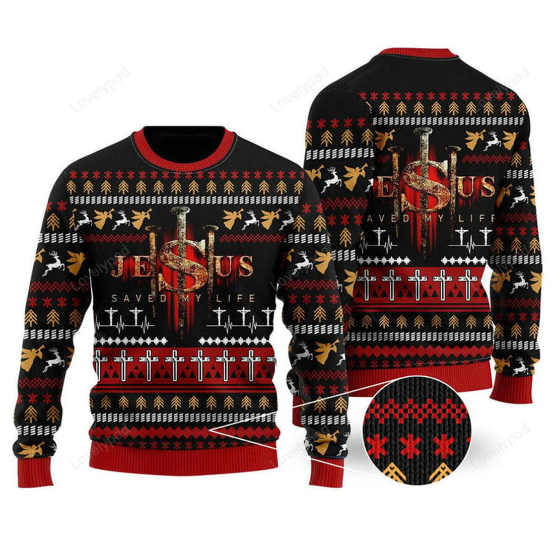 FUNSTUFFPRINT Jesus Saved My Life Ugly Christmas Sweater For Men & Women Ugly Sweater