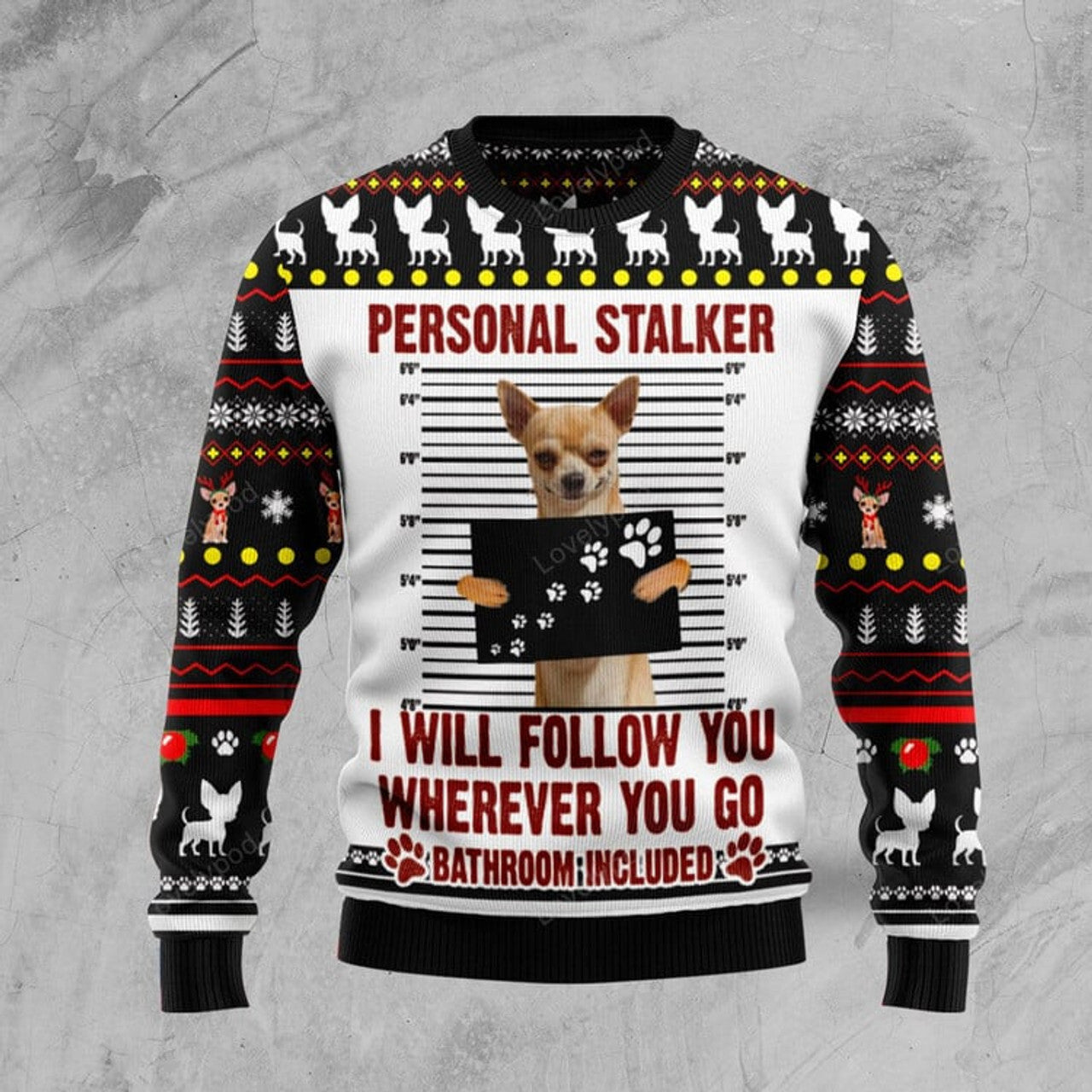 FUNSTUFFPRINT Chihuahua Personal Stalker Ugly Christmas Sweater For Men & Women Ugly Sweater