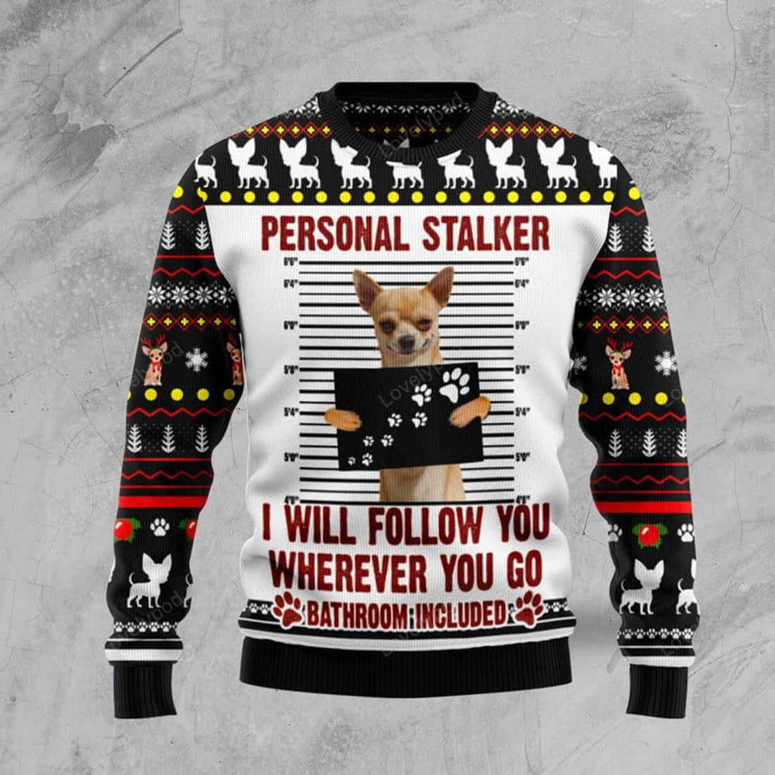FUNSTUFFPRINT Chihuahua Personal Stalker Ugly Christmas Sweater For Men & Women Ugly Sweater