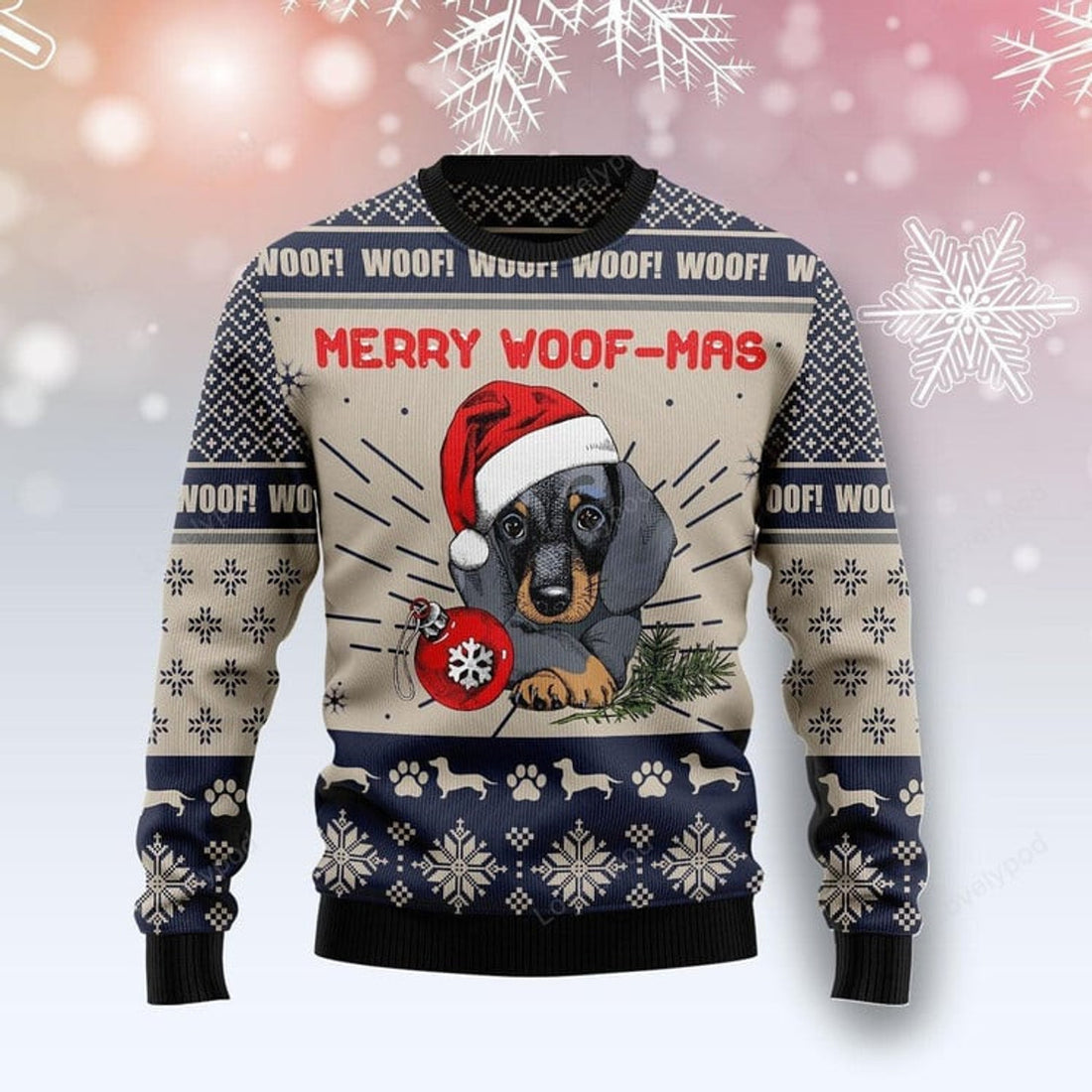 FUNSTUFFPRINT Dachshund Merry Woofmas Ugly Christmas Sweater For Men & Women Adult Ugly Sweater