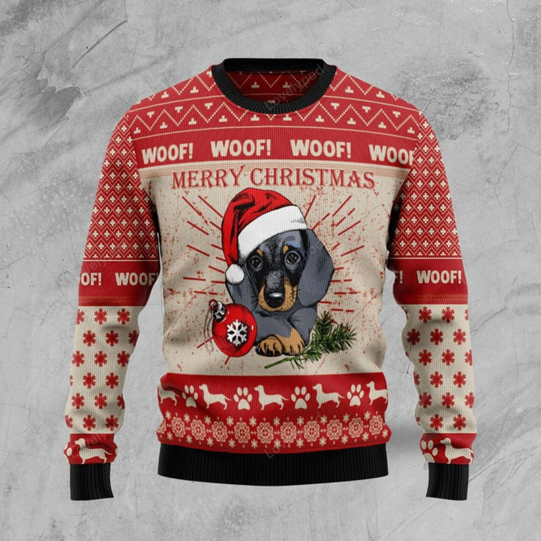 FUNSTUFFPRINT Christmas Dachshund Dog Ugly Christmas Sweater, Christmas gift for Dachshund lover Ugly Sweater